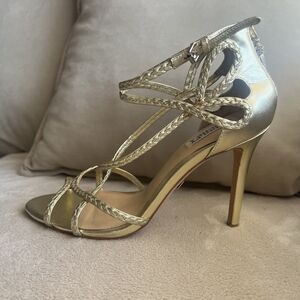 Badgley Mischka Metallic Gold Strappy Stiletto Heel Sandal Women 8.5 Braided Zip